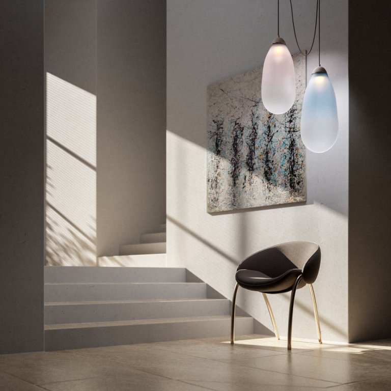 Designové svítidlo Flow Lila ručně vyrobené z porcelánu a foukaného českého křišťálu.